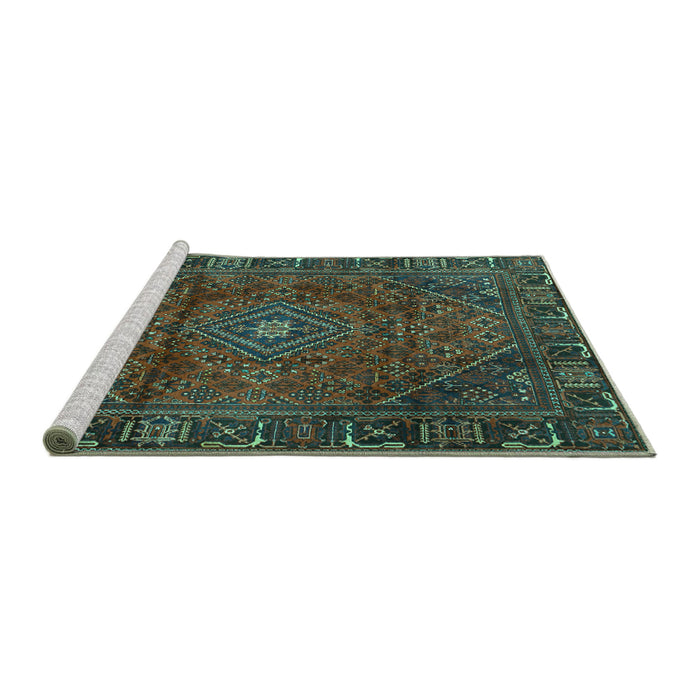 Sideview of Machine Washable Persian Turquoise Traditional Area Rugs, wshtr2559turq