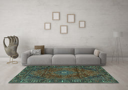 Machine Washable Persian Turquoise Traditional Area Rugs in a Living Room,, wshtr2559turq