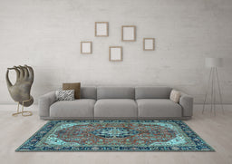 Machine Washable Medallion Light Blue Traditional Rug in a Living Room, wshtr2560lblu