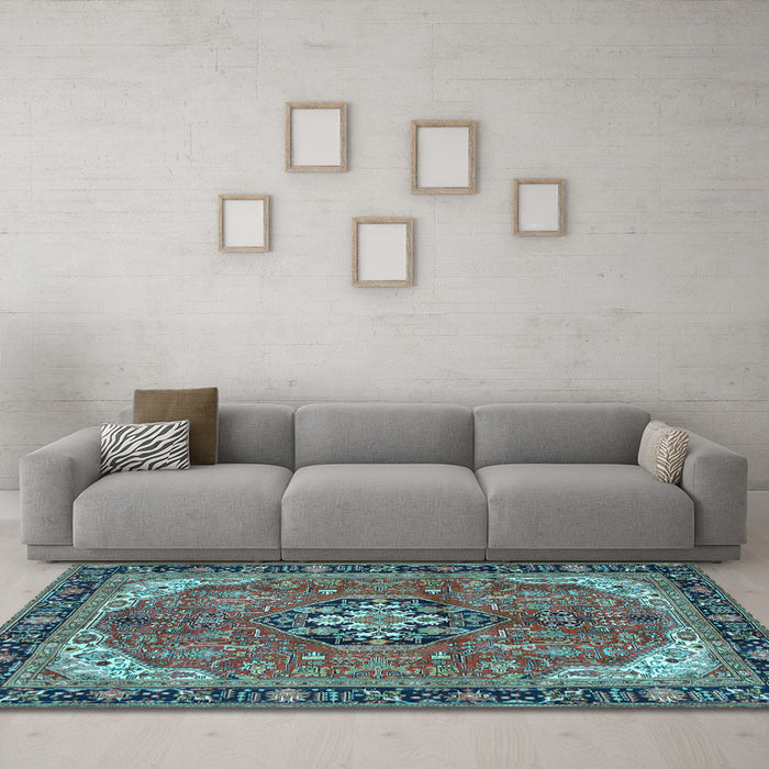 Machine Washable Medallion Light Blue Traditional Rug in a Living Room, wshtr2560lblu
