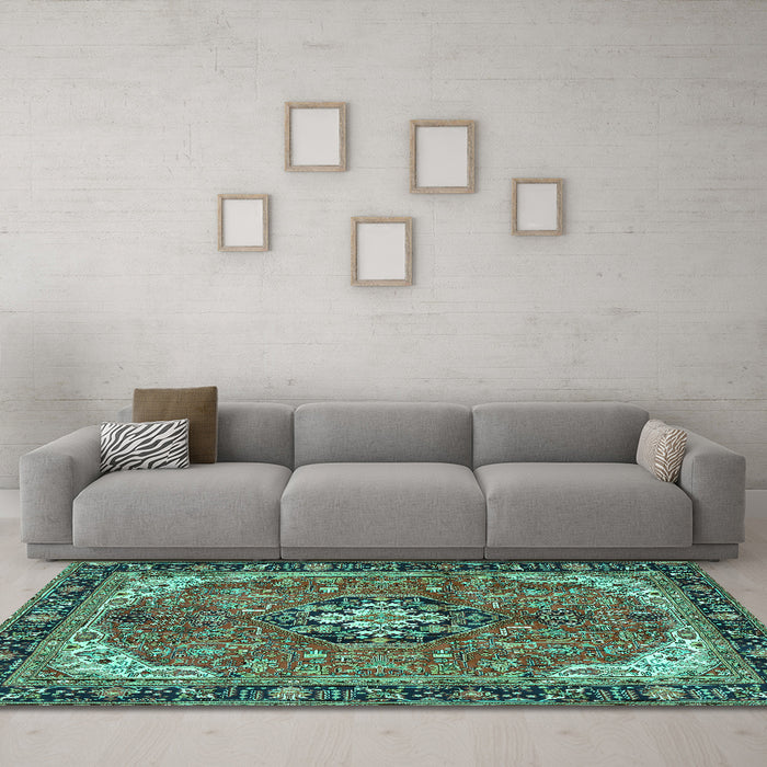 Machine Washable Medallion Turquoise Traditional Area Rugs in a Living Room,, wshtr2560turq