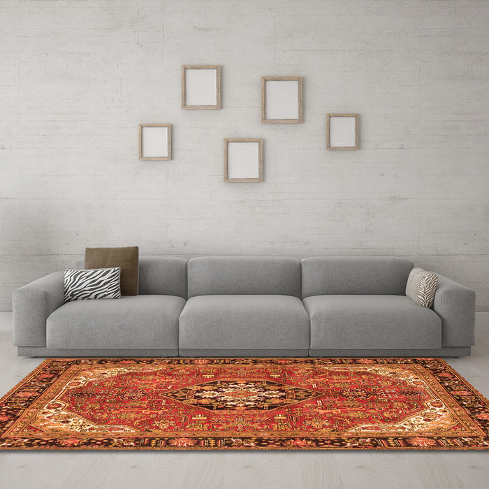 Machine Washable Medallion Orange Traditional Area Rugs in a Living Room, wshtr2560org