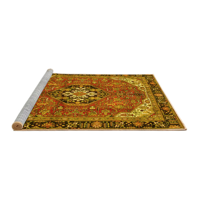 Sideview of Machine Washable Medallion Yellow Traditional Rug, wshtr2560yw