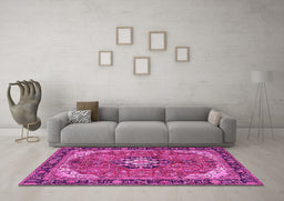 Machine Washable Medallion Pink Traditional Rug in a Living Room, wshtr2560pnk