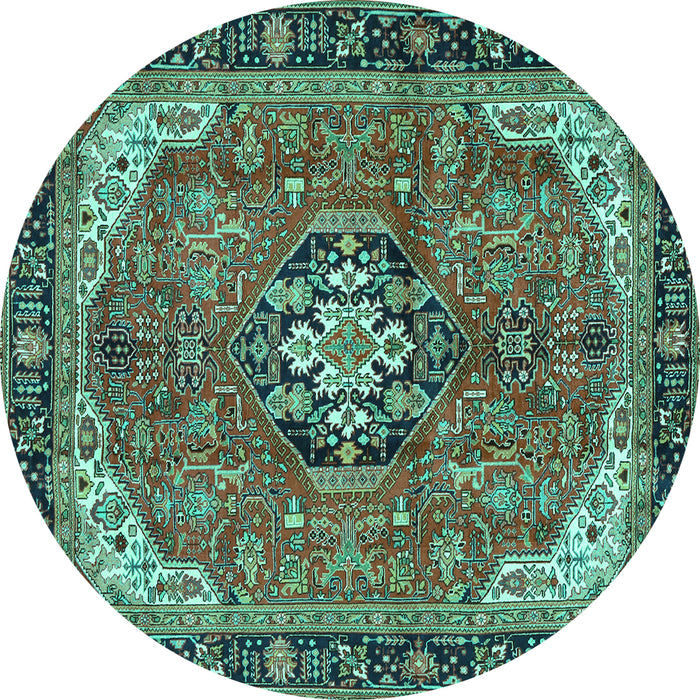 Round Machine Washable Medallion Turquoise Traditional Area Rugs, wshtr2560turq