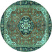 Round Machine Washable Medallion Turquoise Traditional Area Rugs, wshtr2560turq