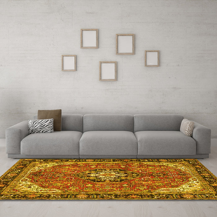Machine Washable Medallion Yellow Traditional Rug in a Living Room, wshtr2560yw
