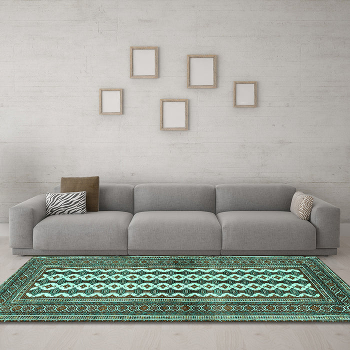 Machine Washable Southwestern Turquoise Country Area Rugs in a Living Room,, wshtr2561turq