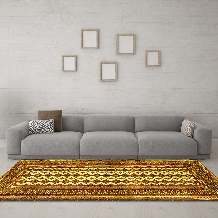 Machine Washable Southwestern Yellow Country Rug in a Living Room, wshtr2561yw