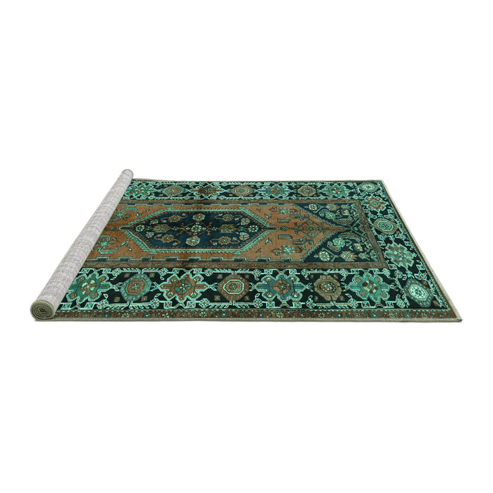 Sideview of Machine Washable Persian Turquoise Traditional Area Rugs, wshtr2562turq