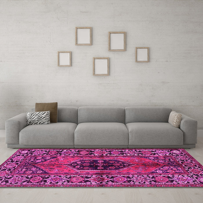 Machine Washable Persian Pink Traditional Rug in a Living Room, wshtr2562pnk