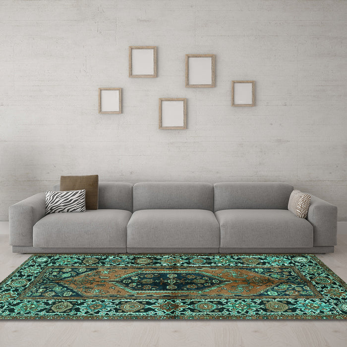 Machine Washable Persian Turquoise Traditional Area Rugs in a Living Room,, wshtr2562turq