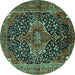 Round Machine Washable Medallion Turquoise Traditional Area Rugs, wshtr2563turq