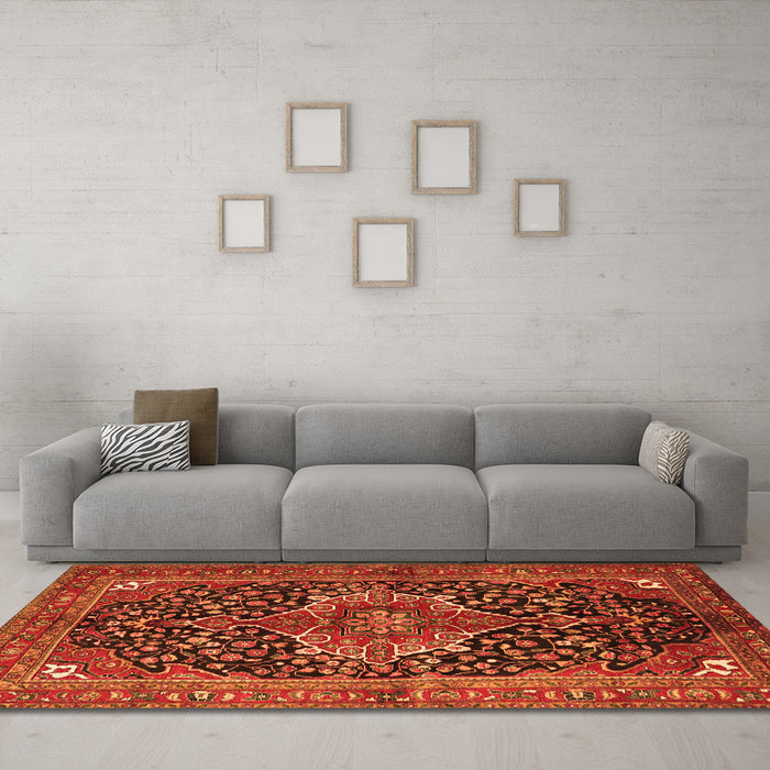 Machine Washable Medallion Orange Traditional Area Rugs in a Living Room, wshtr2563org