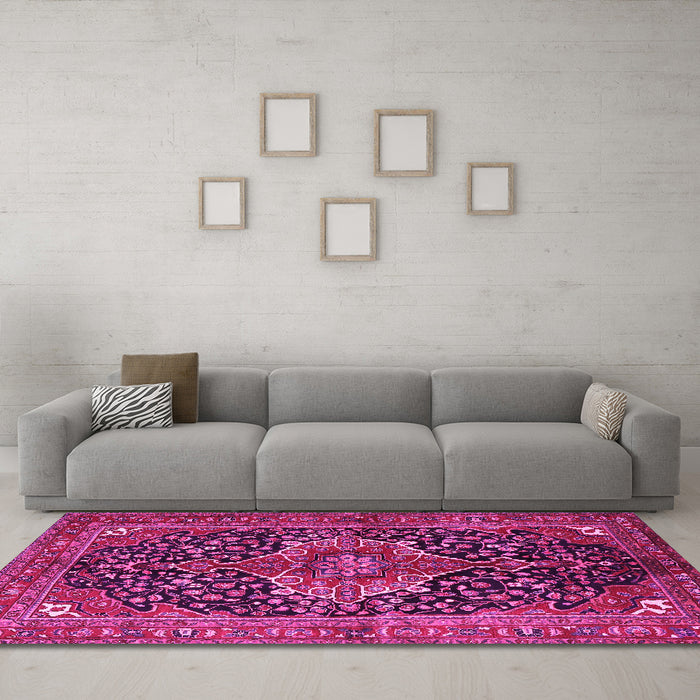 Machine Washable Medallion Pink Traditional Rug in a Living Room, wshtr2563pnk