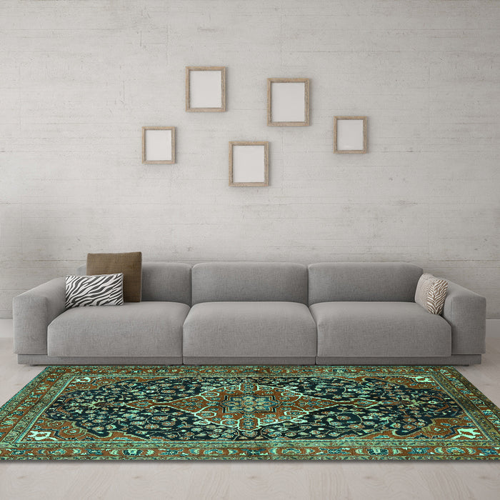 Machine Washable Medallion Turquoise Traditional Area Rugs in a Living Room,, wshtr2563turq