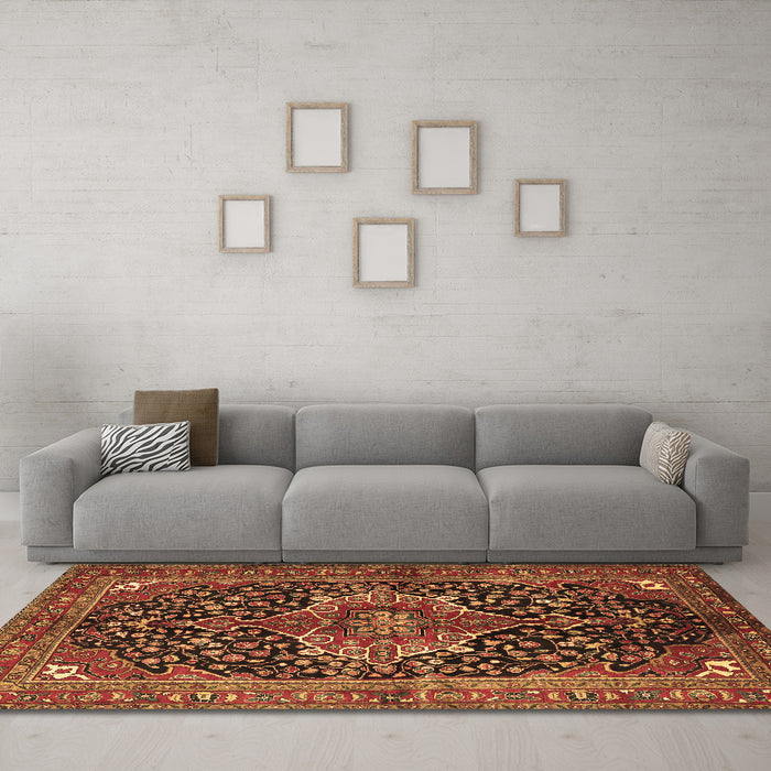 Machine Washable Medallion Brown Traditional Rug in a Living Room,, wshtr2563brn