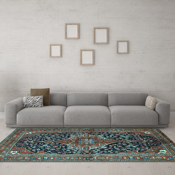 Machine Washable Medallion Light Blue Traditional Rug in a Living Room, wshtr2563lblu