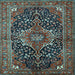 Square Machine Washable Medallion Light Blue Traditional Rug, wshtr2563lblu