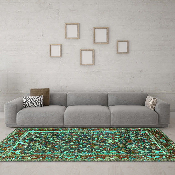 Machine Washable Persian Turquoise Traditional Area Rugs in a Living Room,, wshtr2564turq