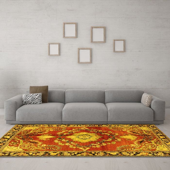 Machine Washable Persian Yellow Traditional Rug in a Living Room, wshtr2565yw