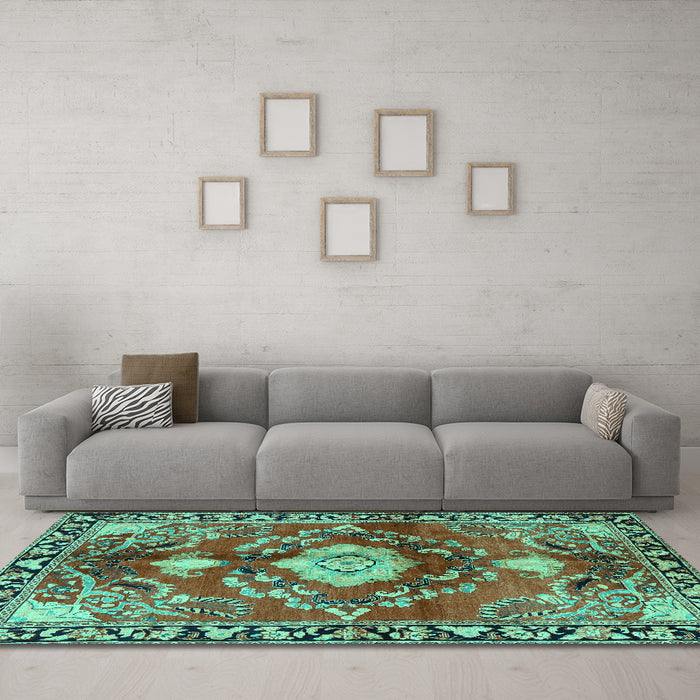 Machine Washable Persian Turquoise Traditional Area Rugs in a Living Room,, wshtr2565turq