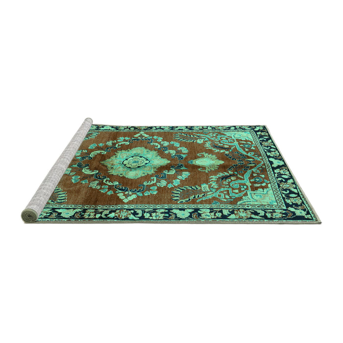 Sideview of Machine Washable Persian Turquoise Traditional Area Rugs, wshtr2565turq