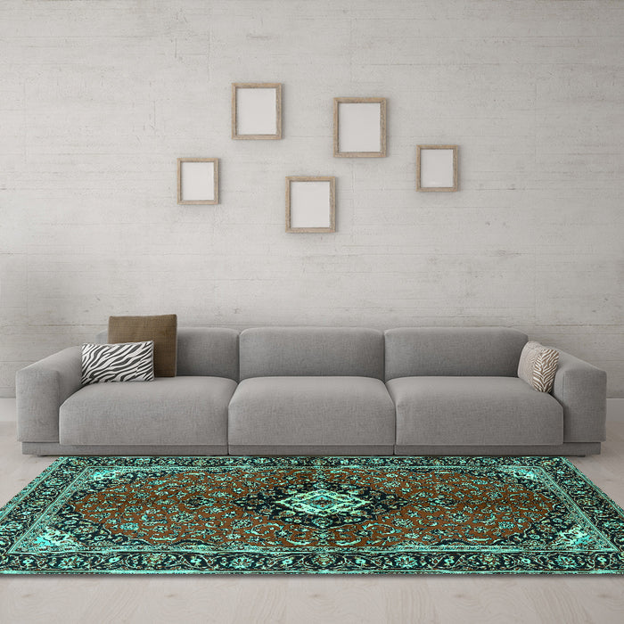 Machine Washable Persian Turquoise Traditional Area Rugs in a Living Room,, wshtr2566turq