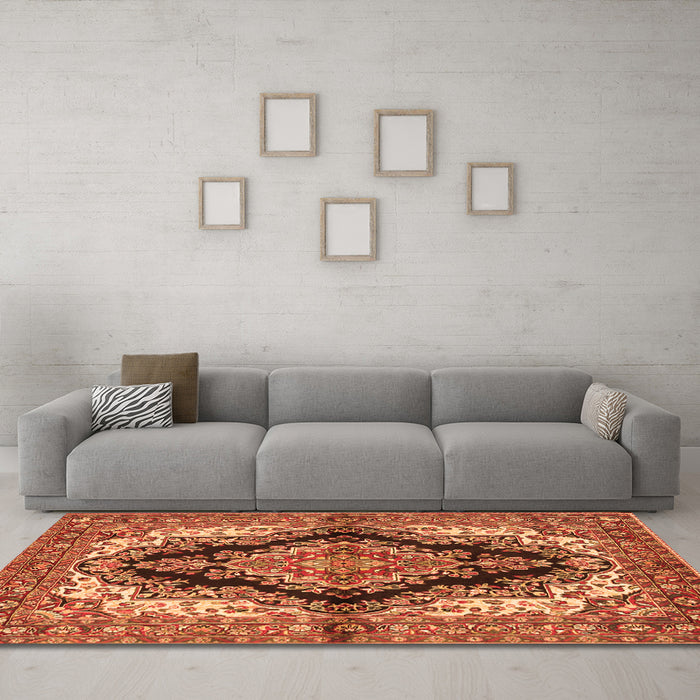 Machine Washable Medallion Orange Traditional Area Rugs in a Living Room, wshtr2567org