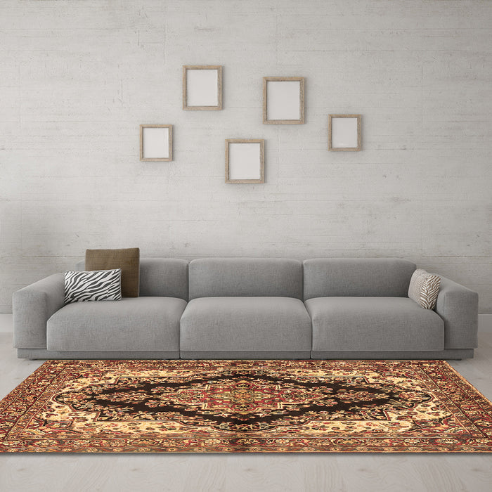 Machine Washable Medallion Brown Traditional Rug in a Living Room,, wshtr2567brn