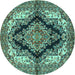 Round Machine Washable Medallion Turquoise Traditional Area Rugs, wshtr2567turq