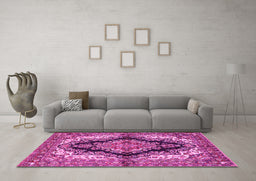 Machine Washable Medallion Pink Traditional Rug in a Living Room, wshtr2567pnk