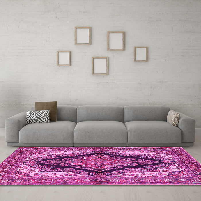 Machine Washable Medallion Pink Traditional Rug in a Living Room, wshtr2567pnk
