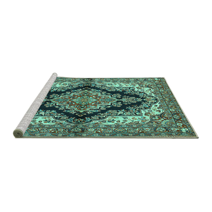 Sideview of Machine Washable Medallion Turquoise Traditional Area Rugs, wshtr2567turq