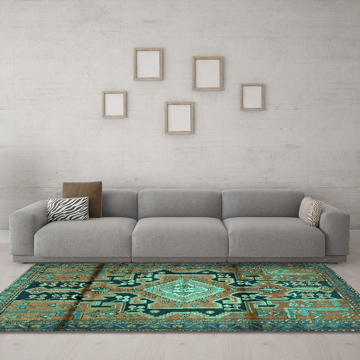 Machine Washable Persian Turquoise Traditional Area Rugs in a Living Room,, wshtr2568turq
