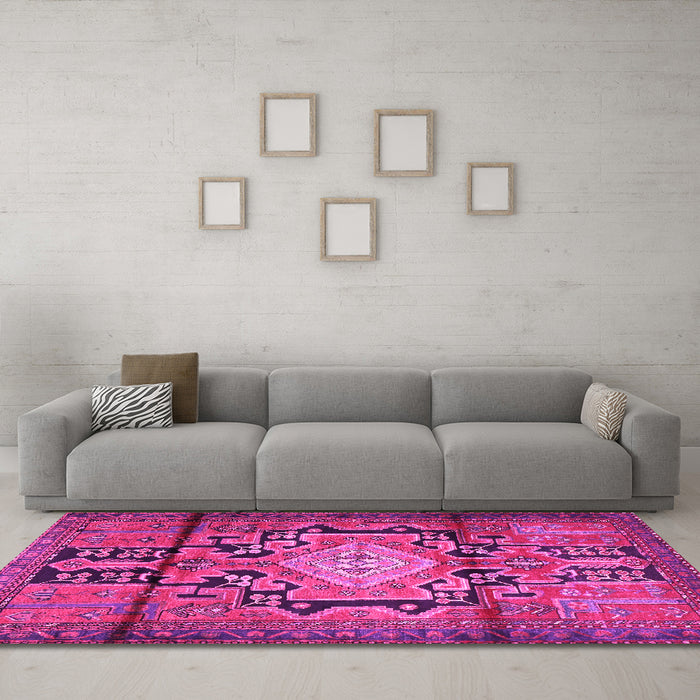 Machine Washable Persian Pink Traditional Rug in a Living Room, wshtr2568pnk