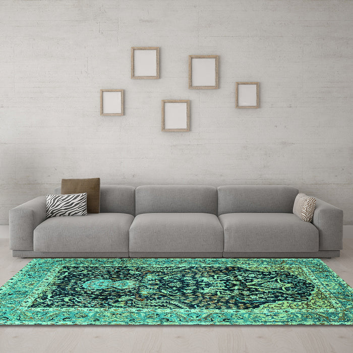 Machine Washable Animal Turquoise Traditional Area Rugs in a Living Room,, wshtr2569turq