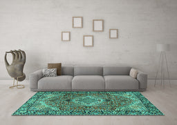 Machine Washable Medallion Turquoise Traditional Area Rugs in a Living Room,, wshtr2570turq