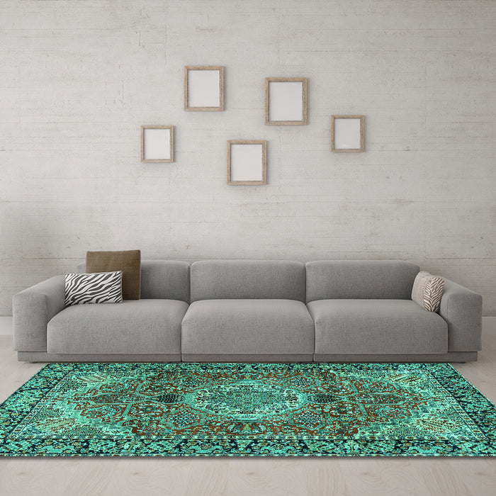 Machine Washable Medallion Turquoise Traditional Area Rugs in a Living Room,, wshtr2570turq