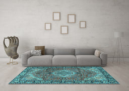 Machine Washable Medallion Light Blue Traditional Rug in a Living Room, wshtr2570lblu