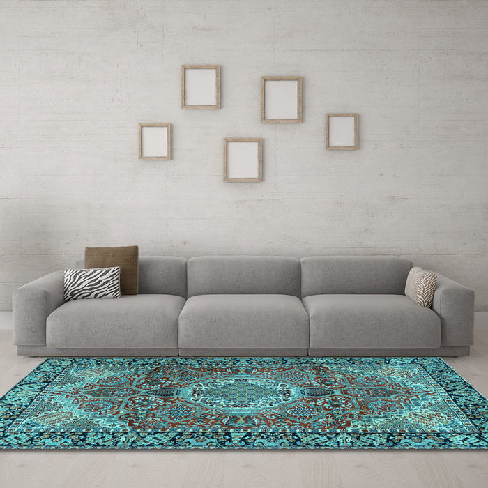 Machine Washable Medallion Light Blue Traditional Rug in a Living Room, wshtr2570lblu