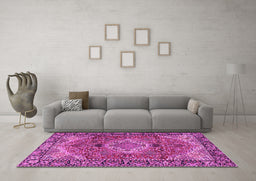 Machine Washable Medallion Pink Traditional Rug in a Living Room, wshtr2570pnk