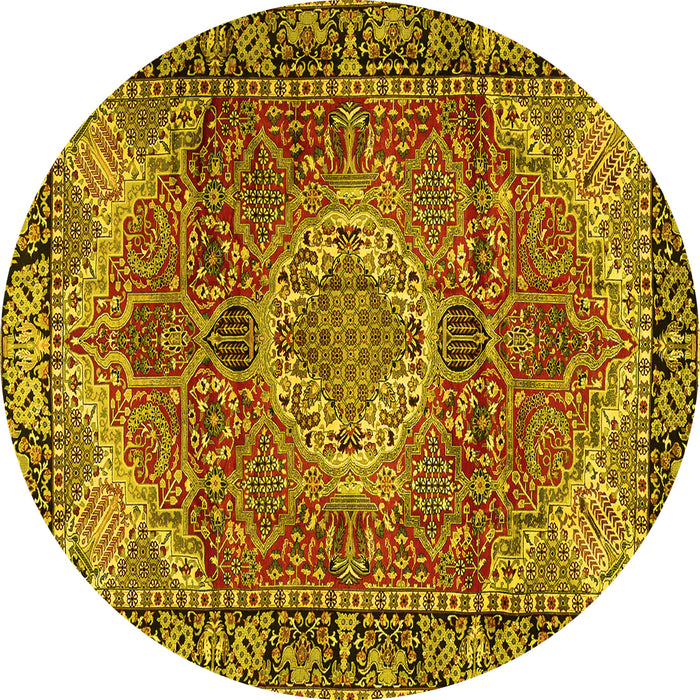 Round Machine Washable Medallion Yellow Traditional Rug, wshtr2570yw