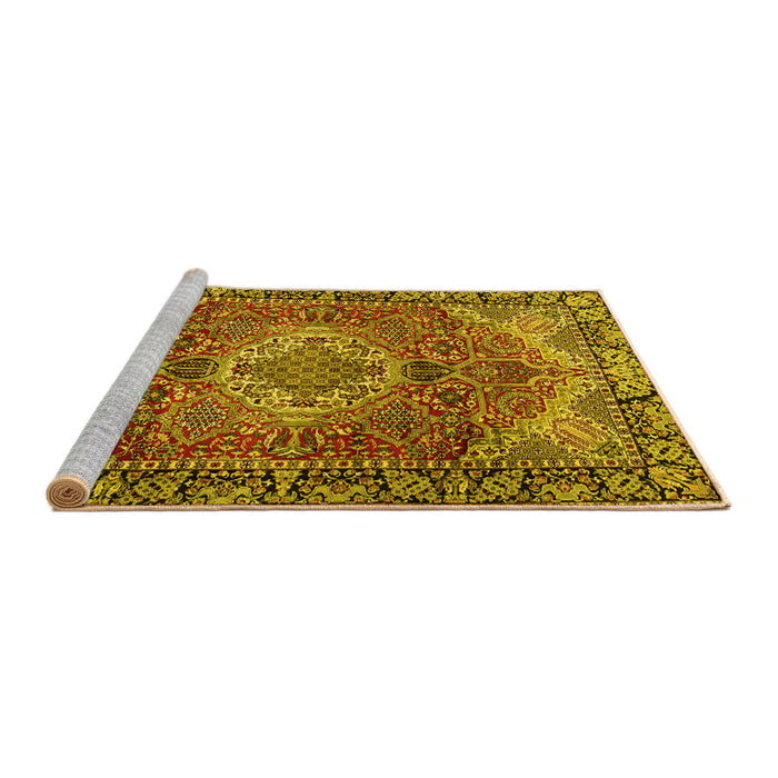 Sideview of Machine Washable Medallion Yellow Traditional Rug, wshtr2570yw