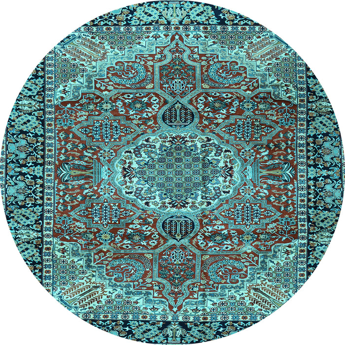 Round Machine Washable Medallion Light Blue Traditional Rug, wshtr2570lblu