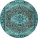 Round Machine Washable Medallion Light Blue Traditional Rug, wshtr2570lblu