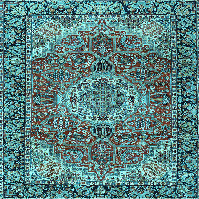 Square Machine Washable Medallion Light Blue Traditional Rug, wshtr2570lblu
