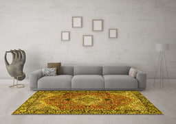 Machine Washable Medallion Yellow Traditional Rug in a Living Room, wshtr2570yw