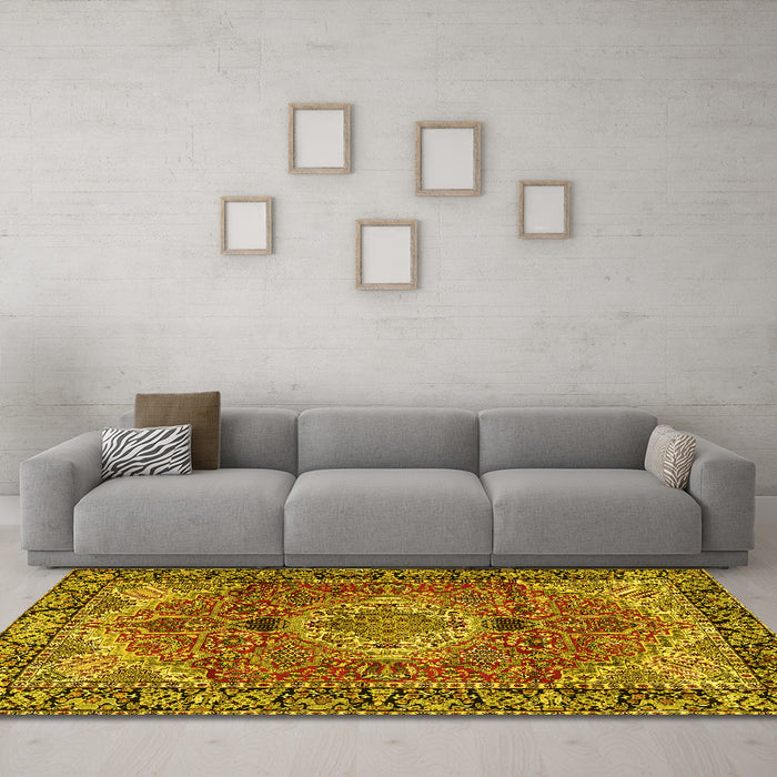 Machine Washable Medallion Yellow Traditional Rug in a Living Room, wshtr2570yw