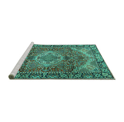 Sideview of Machine Washable Medallion Turquoise Traditional Area Rugs, wshtr2570turq